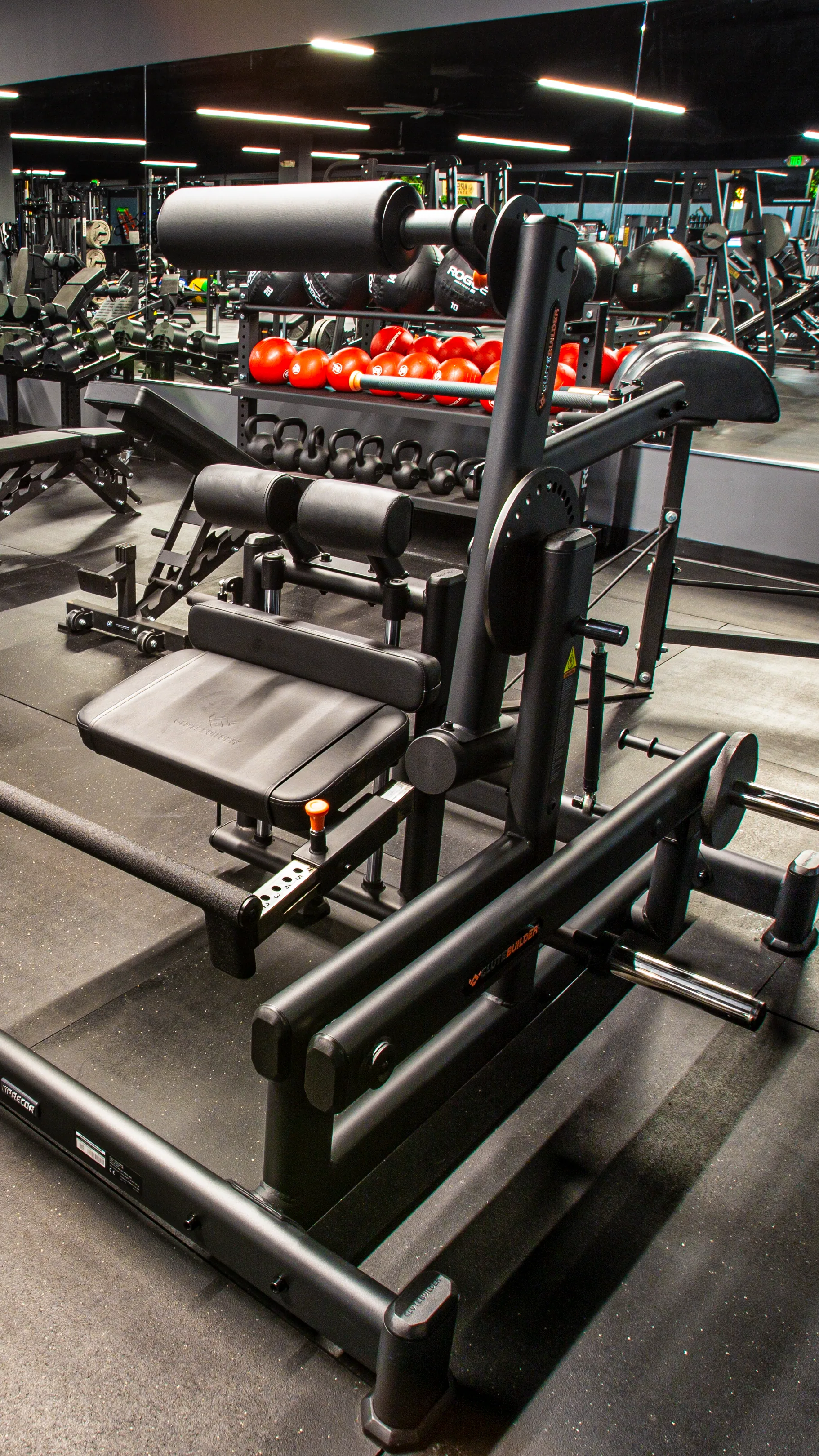The glute builder and hyperextension bench with its roller pads and foot plate, a rack of red medicine balls behind it.